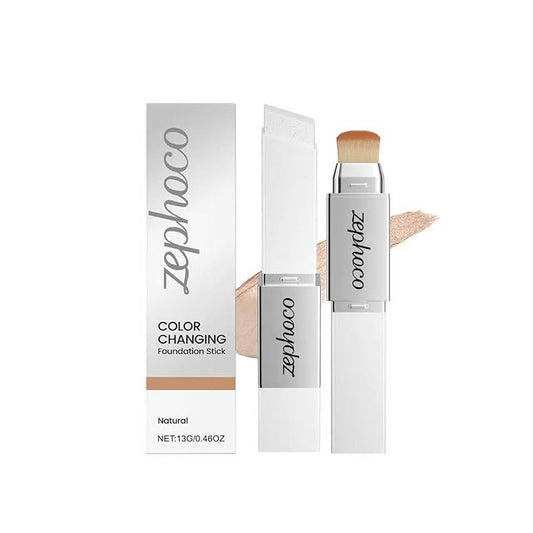 Color Changing Foundation Stick, Medium to Full Coverage Dewy Finish Base Makeup, Dual-Ended with Soft Brush for Flawless Look, Portable & Travel-Friendly (Natural)