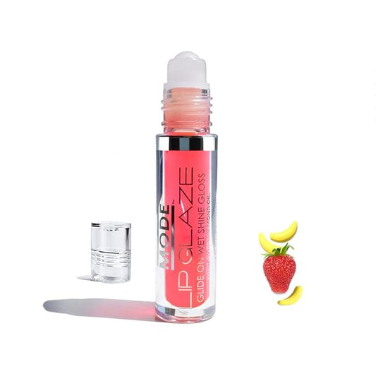 MODE Lip Glaze Flavored Lip Gloss Yummy STRAWBERRY BANANA Flavor Roll On Sweet Wet Nourishing Glossy Shine, Hydrating Natural Skincare Fruit Oils