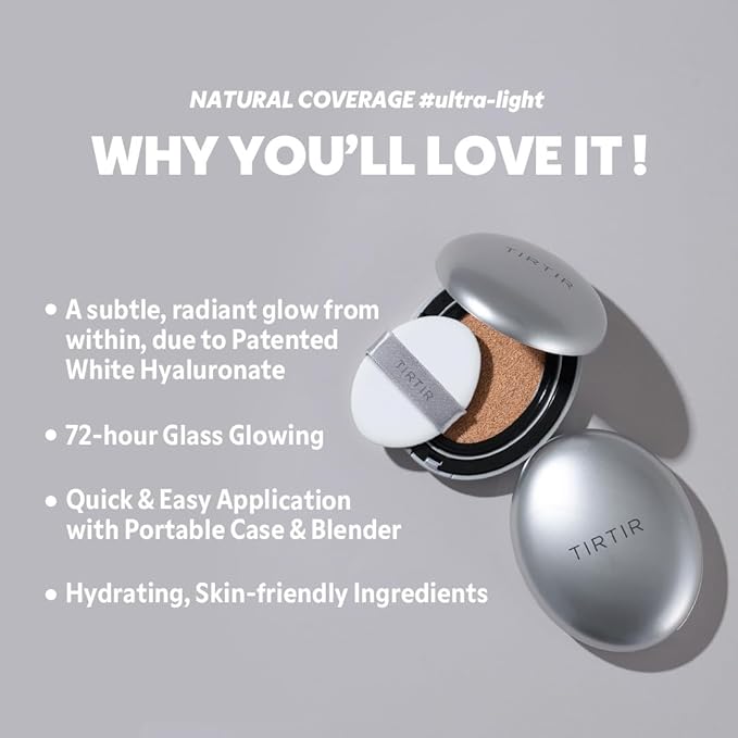 TIRTIR Mask Fit Aura Silver Cushion Foundation | Semi-glow Finish, Natural Coverage, Moisturizing, Lightweight, Korean cushion foundation (#27N Camel, Full Size, 0.63 Fl Oz)