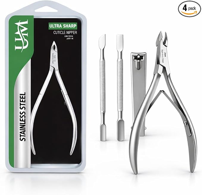 UM Supplies 4PCS Nail Care Set + Storage Pouch | Professional Cuticle Nipper with 2 Pushers and Nail Cutter Stainless Steel | Manicure Pedicure Tool | Jaw 14 (5mm) Double Spring