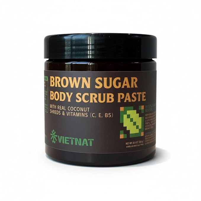 VIETNAT Exfoliating Brown Sugar Body Scrub with Coconut Shreds, Vitamins C, E & B5 – Softens & Refreshes Look of Skin – 8.8 oz