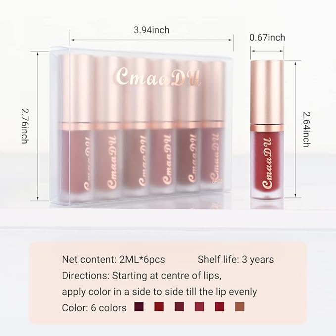 evpct 6Pcs Dark Bright Ruby Sexy Brick Mauve Plum Red Brown Matte Matt Liquid Lipstick Lip Gloss Glossy Set for Black Women 24 Hour Silky Velvet Lipstick Lip Liner set labiales matte larga duracion 24