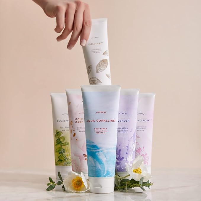 Thymes Exfoliating Body Scrub Infused with Hydration-Boosting Hyaluronate & Jojoba Beads - Moisturizing Body Scrubs for Women & Men - Perfect Self Care Gifts for Women (Aqua Coralline, 7 fl oz)