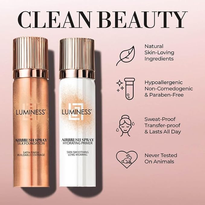 LUMINESS Airbrush Spray Silk Foundation Starter Kit - Rich Dark - Foundation, Primer & Dual-Sided Angled Buffing Brush - Medium, Buildable Coverage, Anti-Aging Formula Hydrates & Moisturizes