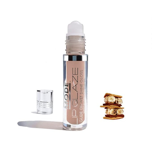 Mode Cosmetics Lip Glaze - BONFIRE S'MORES Flavored Gloss Roll On Wet Shine, Hydrating Moisturizing Sweet Almond, Areni Noir & Wild Rose Natural Skincare Fruit Oils Vegan, No Cruelty, NY Made, 4ml