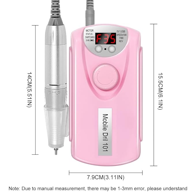 ANRLO Professional Electric Nail Drill, 45000 RPM Cordless Rechargeable E-File Machine, with 12 Bits, Sanding Bands, LCD Display for Acrylic Gel Nails (DMJ-101-Pink-USB)