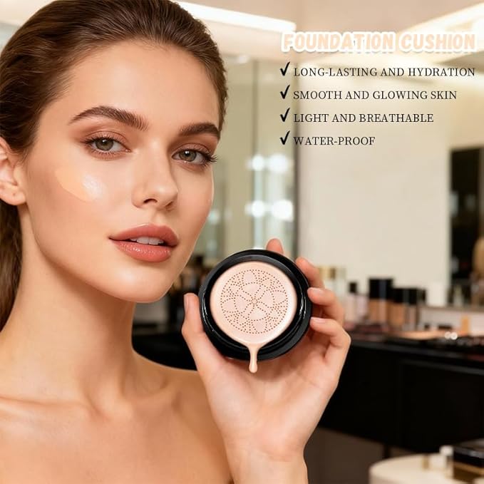 Hush Foundation for Mature Skin – Warm Tone CC Cream Air Cushion, Full Coverage Long-Lasting BB Cream Foundation with Mushroom Head Applicator, Natural Radiant Finish for Light to Medium Complexions