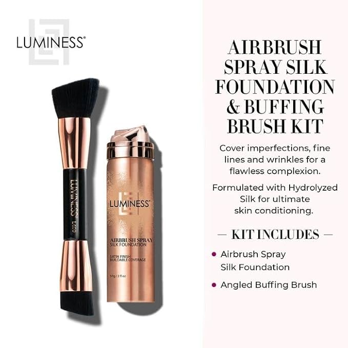 LUMINESS Silk Airbrush Spray Foundation & Buffing Brush Kit – Full Coverage Foundation & Dual-Sided Buffing Brush - Buildable Coverage, Anti-Aging Formula Hydrates & Moisturizes - Light Medium