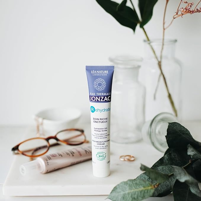 JONZAC Eau Thermale Rehydrate Organic Rich Sensitive Moisturizing Facial Cream - Intense 24hr Hydration, Shea Butter & Natural Hyaluronic Acid - Clinically Proven Skincare, All Skin Types, 1.69 Fl Oz