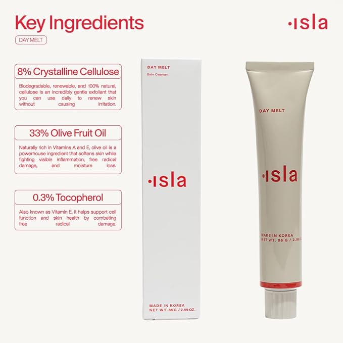 ISLA Day Melt Balm Cleanser, Melts Makeup, SPF & Pollution Without Stripping, Olive Fruit Oil, Crystalline Cellulose & Vitamin E, Barrier-Safe Balm-to-Milk Cleanser, 2.99 oz