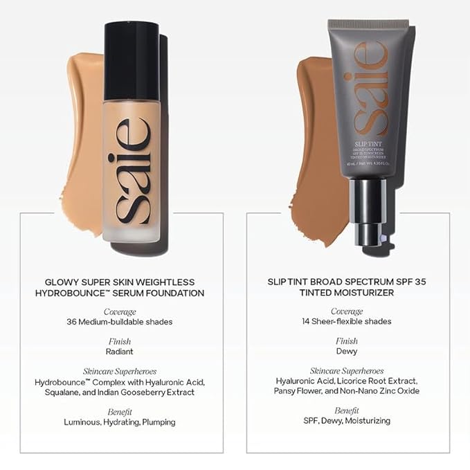 Saie Glowy Super Skin Tint Liquid Foundation - Weightless + Dewy Foundation with Lightweight Medium Coverage - Hydrating Face Makeup + Skin Care Serum Hybrid with Hyaluronic Acid - Shade 20 (1.01 oz)