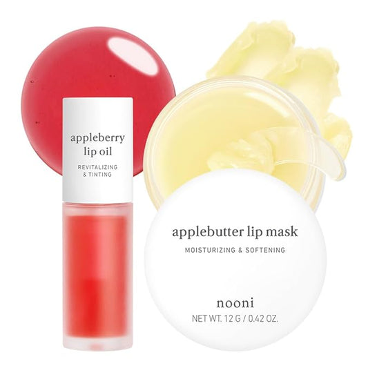 NOONI Korean Vegan Best Lip Duo | Applebutter Lip Mask and Appleberry Lip Oil Value Set | with Shea Butter, Apple Seed Oil and Vitamins, Overnight Lip Mask, Hydrating Lip Balm, Moisturizing
