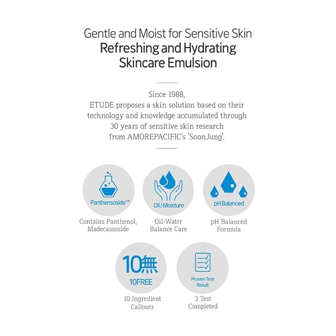 ETUDE SoonJung 10 Free Moist Emulsion, Face Moisturizer, Non-Sticky Lotion for Sensitive Skin, pH Balanced Formula, Panthenol, Madecassoside, Korean Skin Care, Beauty (4.39 Fl Oz)