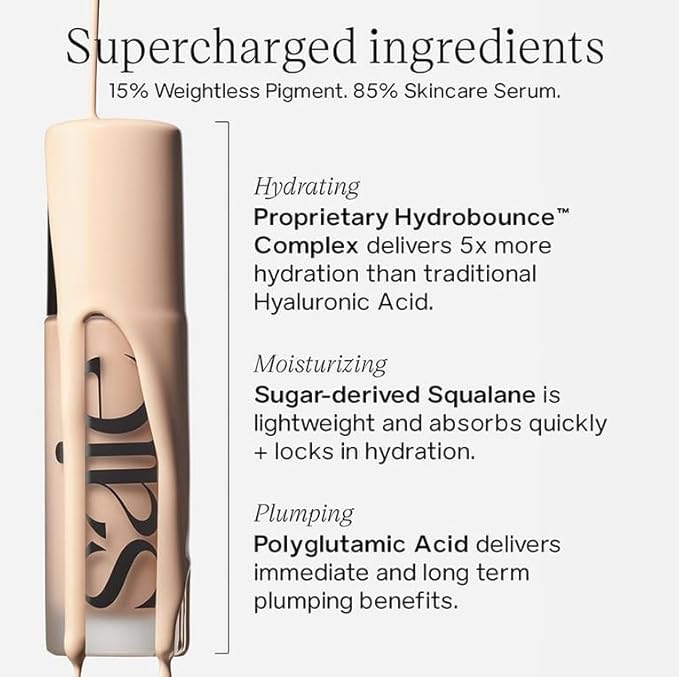 Saie Glowy Super Skin Tint Liquid Foundation - Weightless + Dewy Foundation with Lightweight Medium Coverage - Hydrating Face Makeup + Skin Care Serum Hybrid with Hyaluronic Acid - Shade 17 (1.01 oz)