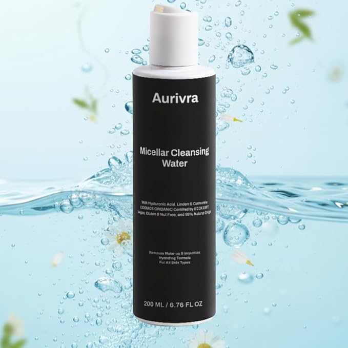 Organic Micellar Cleansing Water with Hyaluronic Acid & Chamomile - Certified Vegan & Gluten-Free Makeup Remover for Face, Eyes & Lips - Hydrating Facial Cleanser for Oily & Normal Skin - 6.7 Fl Oz