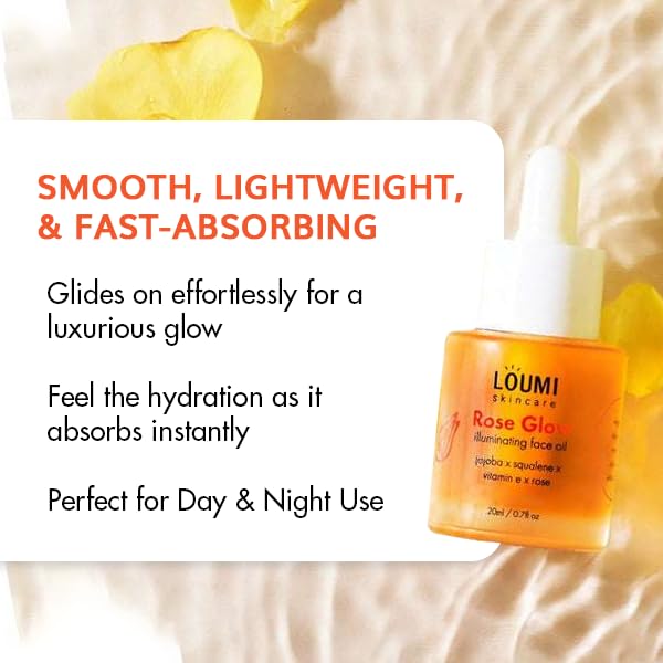 LOUMI Skincare RoseGlow Face Oil | Lightweight Botanical Facial Oil for Hydration & Radiance | Helps Nourish Smooth & Soften Skin | Rosehip & Jojoba Inspired Blend | Vegan, Cruelty-Free 20ml