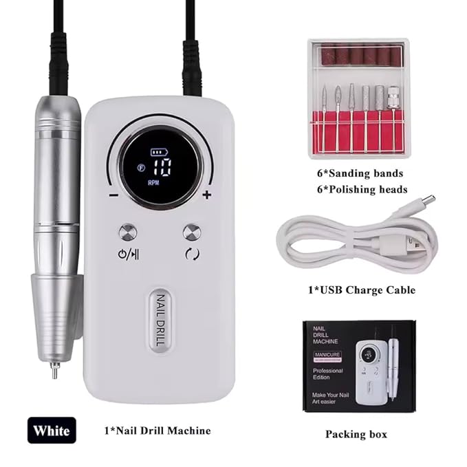 ANRLO Professional Electric Nail Drill, 45000 RPM Cordless Rechargeable E-File Machine, with 12 Bits, Sanding Bands, LCD Display for Acrylic Gel Nails (DMJ-V1-White)