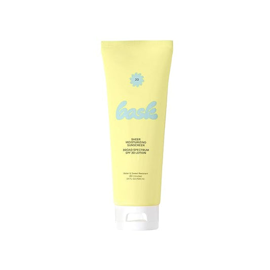 Bask Suncare SPF 30 Sheer Moisturizing Sunscreen Lotion - Broad Spectrum UVA/UVB Protection, Dermatologist Recommended, Hydrating, Lightweight & Non-Greasy, No White Cast, Travel Size, 3.4 fl oz