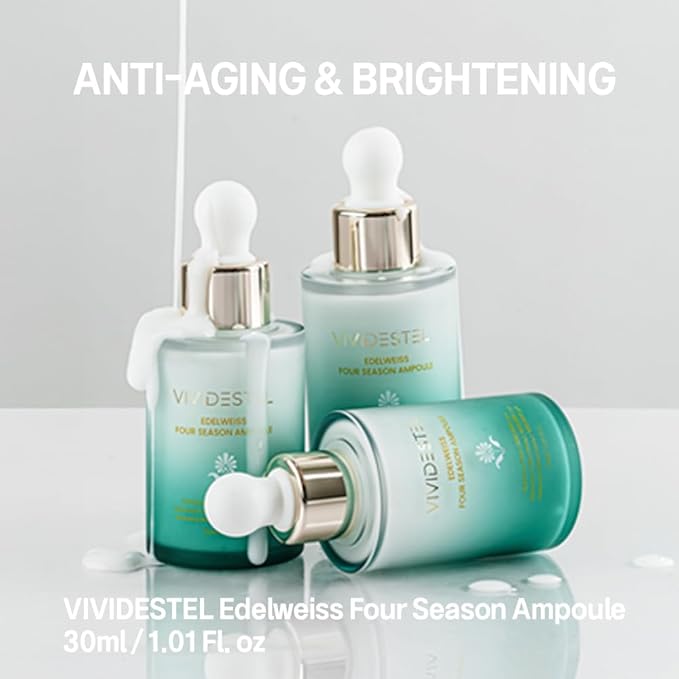 Edelweiss Four Season Ampoule - Brightening & Anti Aging Essence Serum - Lightweight Non-Sticky Hydration Serum With Niacinamide, Peptides - Reduces Fine Line - Minimize Pores 30ml