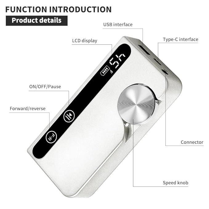ANRLO Professional Electric Nail Drill, 45000 RPM Cordless Rechargeable E-File Machine, with 12 Bits, Sanding Bands, LCD Display for Acrylic Gel Nails (Metallic White)
