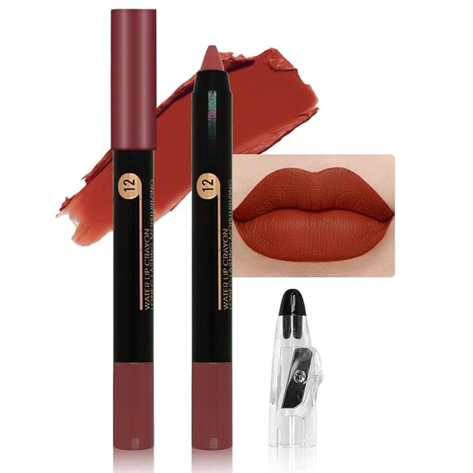 Brownish Red Matte Lip Liner Crayon with Sharpener - Waterproof Smudgeproof Long-Wear Lip Pencil, Creamy Pigmented Lip Crayon for Women, 12HR Stay Silky Velvet Lip Liner 12#