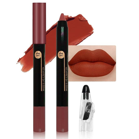 Brownish Red Matte Lip Liner Crayon with Sharpener - Waterproof Smudgeproof Long-Wear Lip Pencil, Creamy Pigmented Lip Crayon for Women, 12HR Stay Silky Velvet Lip Liner 12#