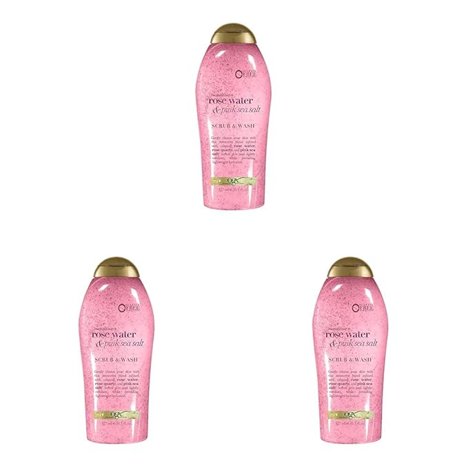 OGX Sensitive + Rose Water & Pink Sea Salt Exfoliating Body Scrub + Rose Quartz, Gentle Exfoliating Daily Body Wash Softens Skin, Body Scrub for Women, Sulfate-Free Surfactants, 19.5 fl oz (Pack of 3)