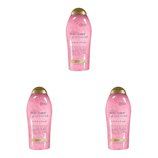 OGX Sensitive + Rose Water & Pink Sea Salt Exfoliating Body Scrub + Rose Quartz, Gentle Exfoliating Daily Body Wash Softens Skin, Body Scrub for Women, Sulfate-Free Surfactants, 19.5 fl oz (Pack of 3)