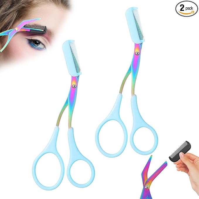 2 in 1 Eyebrow Scissors with Comb, Precision Stainless Steel Eyebrow Trimmer Cutter, Non-Slip Grooming Scissors for Men & Women, Portable Facial Hair Removal Makeup Tool (Blue, 2Pcs)