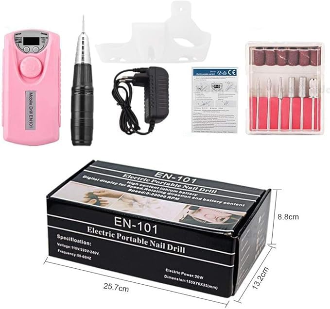 ANRLO Professional Electric Nail Drill, 45000 RPM Cordless Rechargeable E-File Machine, with 12 Bits, Sanding Bands, LCD Display for Acrylic Gel Nails (DMJ-101-Pink-USB)