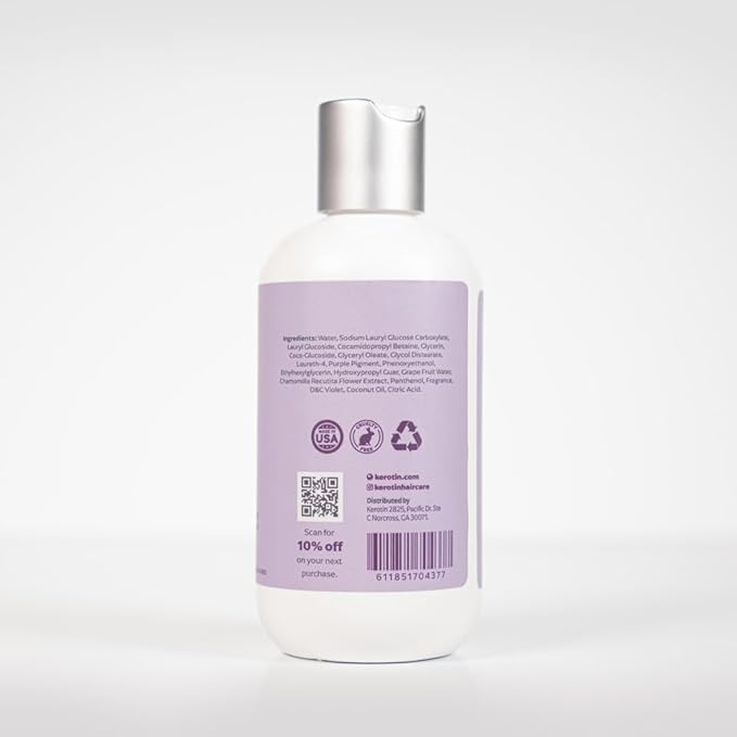Kerotin Purple Shampoo and Conditioner Set for blond, silver, white, gray hair, and highlights. Removes brassy and yellow tones. Adds shine and moisture. Free of sulfates, parabens, sodium chloride, and silicones. Made in the USA.