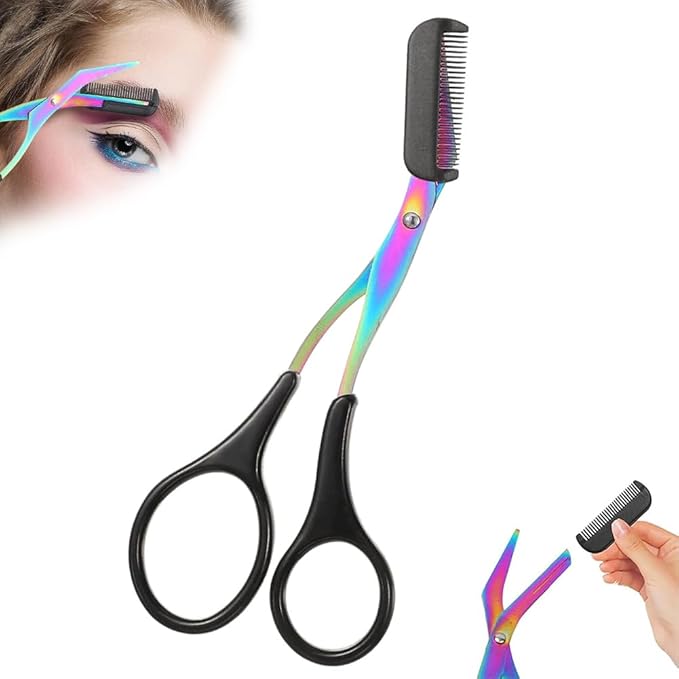 2 in 1 Eyebrow Scissors with Comb, Precision Stainless Steel Eyebrow Trimmer Cutter, Non-Slip Grooming Scissors for Men & Women, Portable Facial Hair Removal Makeup Tool (Black, 1Pcs)