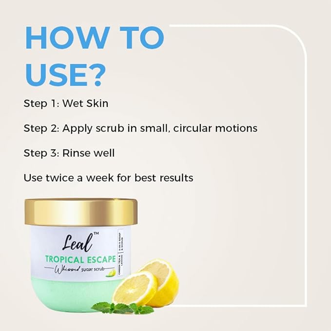 Leal Tropical Exfoliating Body Sugar Scrub, Green Tea Lemon Sugar Face Scrub, Face Polish, Tan Sugar Scrub, Whipped Foaming Vegan Scrub, Sulfate free, Whipped soap scrub dead skin-200 g