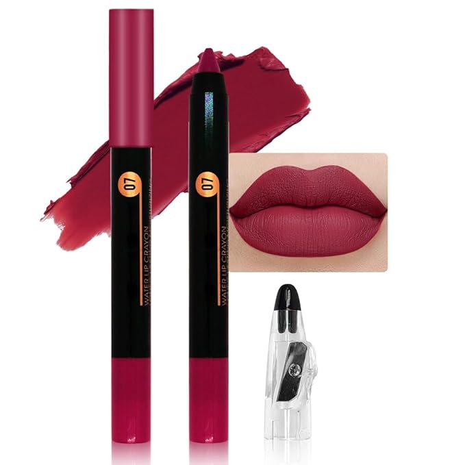 Purple Red Matte Lip Liner Crayon with Sharpener - Waterproof Smudgeproof Long-Wear Lip Pencil, Creamy Pigmented Lip Crayon for Women, 12HR Stay Silky Velvet Lip Liner 07#