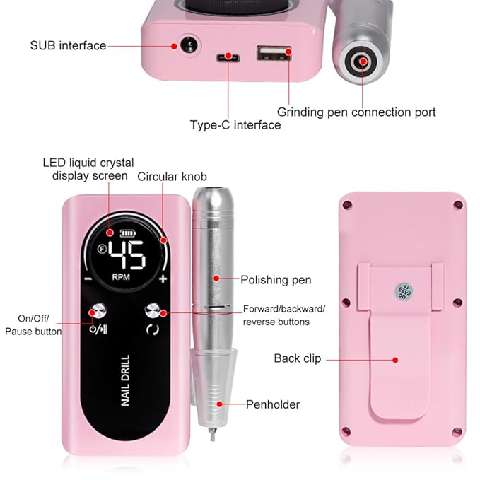 ANRLO Professional Electric Nail Drill, 45000 RPM Cordless Rechargeable E-File Machine, with 12 Bits, Sanding Bands, LCD Display for Acrylic Gel Nails (DMJ-V2-USB-PINK)
