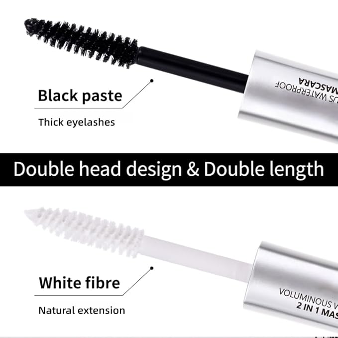 Black and White Waterproof Mascara, 1 Mascara with 2 Colors, Long Lasting, No Smudge,Volume and Length