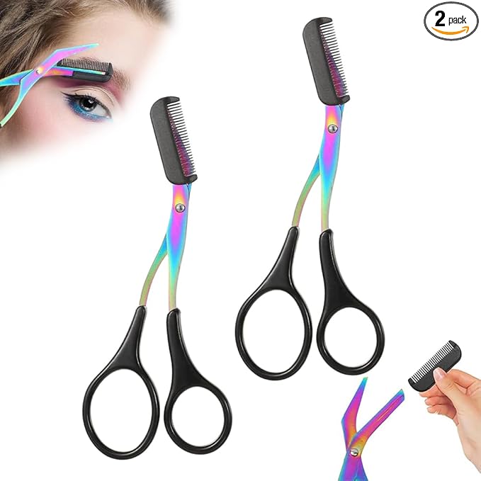 2 in 1 Eyebrow Scissors with Comb, Precision Stainless Steel Eyebrow Trimmer Cutter, Non-Slip Grooming Scissors for Men & Women, Portable Facial Hair Removal Makeup Tool (Black, 2Pcs)