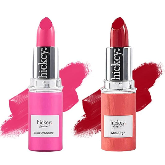 Hickey Lipstick Walk of Shame & Mile High Organic Lipstick Refills - Long Lasting Lipstick for Women - Moisturizing Shades in Hot Pink & Perfect Red, Gluten-Free & Vegan with Highly Pigmented