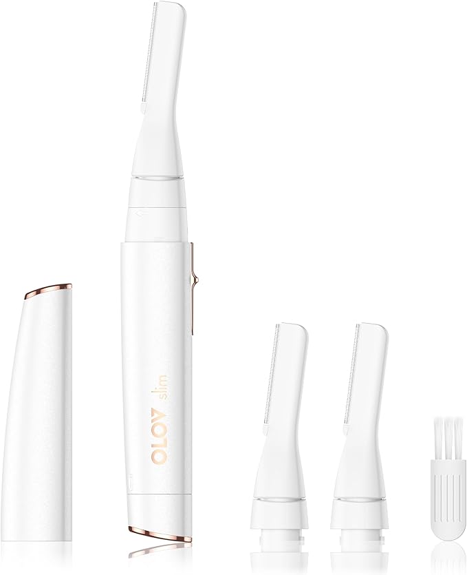 OLOV slim Facial Hair Removal for Women, Painless Eyebrow Trimmer with Pivoting Head, Electric Battery Operated Body Hair Remover with 2 Replaceable Blade for Face Neck Chin Bikini, White