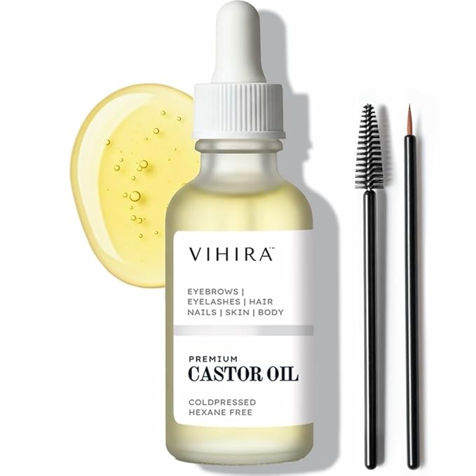 Vihira Organic Golden Castor Oil (2 Fl Oz | Premium Grade), True Cold Pressed, 100% Pure, Extra Virgin, Hexane Free, for Hair, Eyelash, Eyebrow, Cuticles, Nails, Skin, Belly Button & More.