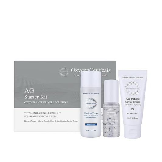 OxygenCeuticals AG Starter Kit – Anti-Aging Kit, Nutrient Toner 30ml, Caviar Protein Fluid 15ml & Age-Defying Caviar Cream 30ml