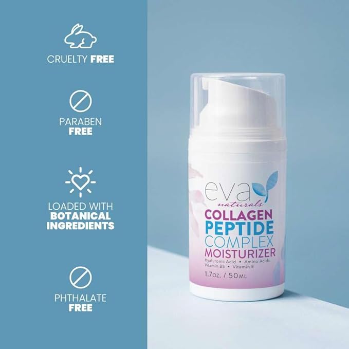 Eva Naturals Collagen Peptide Complex Moisturizer – Face Cream with Multi-Peptides, Hyaluronic Acid, Amino Acids, Vitamin B5 and E – Rich Night Lotion for Youthful Glow and Fine Line Care – 1.7 Fl Oz