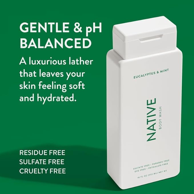 Native Body Wash Contains Naturally Derived Ingredients | For Women & Men, Sulfate, Paraben, & Dye Free Leaving Skin Soft and Hydrated | Eucalyptus & Mint 18 oz - 2 Pk