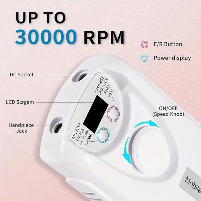 ANRLO Professional Electric Nail Drill, 45000 RPM Cordless Rechargeable E-File Machine, with 12 Bits, Sanding Bands, LCD Display for Acrylic Gel Nails (DMJ-101-White-USB)