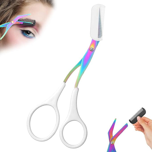 2 in 1 Eyebrow Scissors with Comb, Precision Stainless Steel Eyebrow Trimmer Cutter, Non-Slip Grooming Scissors for Men & Women, Portable Facial Hair Removal Makeup Tool (White, 1Pcs)