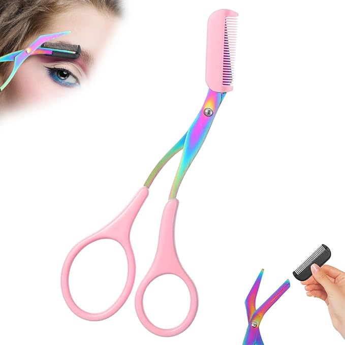 2 in 1 Eyebrow Scissors with Comb, Precision Stainless Steel Eyebrow Trimmer Cutter, Non-Slip Grooming Scissors for Men & Women, Portable Facial Hair Removal Makeup Tool (Pink, 1Pcs)