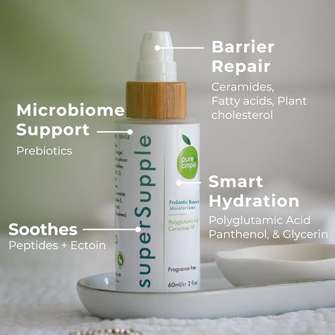 superSupple Barrier Repair Moisturizer - Hydrating Organic Ceramide Repair Face Cream for Dry, Sensitive Skin - Peptides, Polyglutamic Acid, Prebiotic Face Moisturizer - Fragrance-Free, 60ml