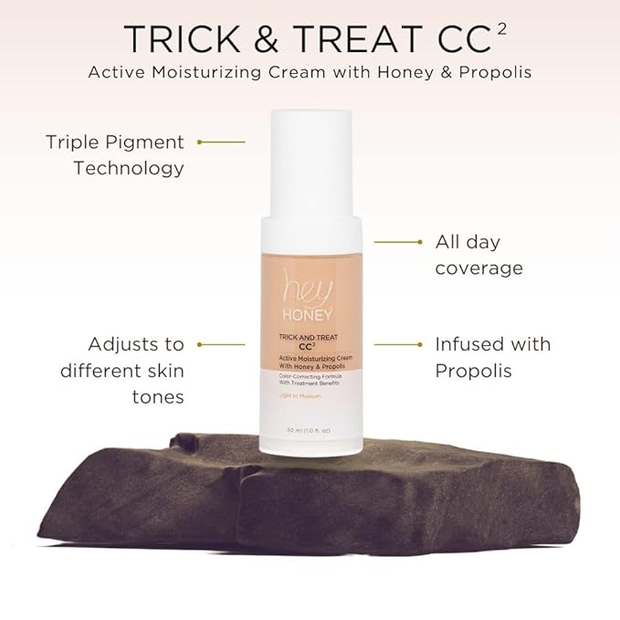 Hey Honey Trick and Treat CC² Cream SPF 46 | Active Moisturizing Color Correcting Cream with Honey & Propolis | Best Cover For Rosacea, Skin Redness & Mature Skin | 1 oz (Tan Tone)
