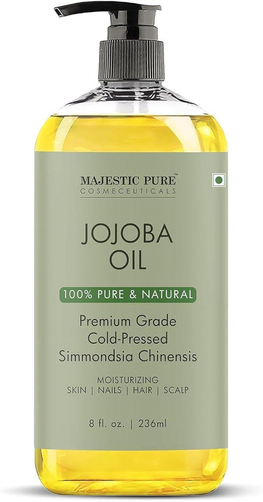 Majestic Pure Jojoba Oil - 100% Pure & Natural - Premium Grade, Cold-Pressed, Hexane-Free Carrier Oil for Skin, Hair and Body - Moisturizing Skin, Hair and Scalp - 8 Fl Oz