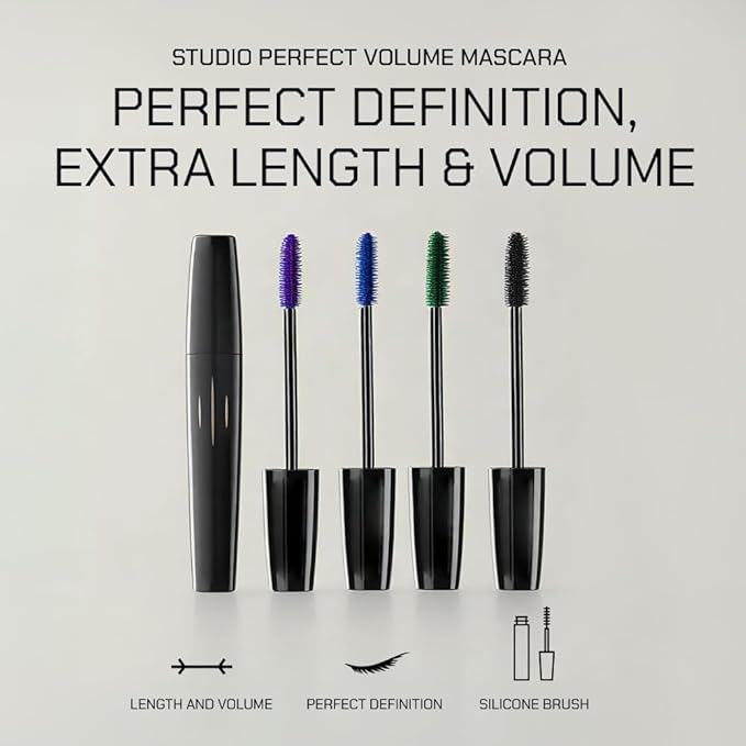 Radiant Professional Studio Perfect Mascara Volume and Length – Smudge-Proof, Cruelty Free, Lengthening Mascara with Silicone Brush & Natural Wax – Green (05), 0.30 oz